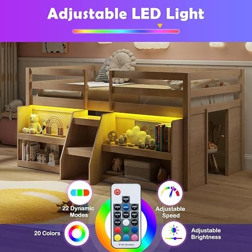 KOTEK Low Loft Bed with LED Lights, Twin Loft Bed with Storage Bookcase & Under-Bed Play Space, Stairs & Guardrails, Loft Bed Frame for Kids (Natural) thumbnail 4