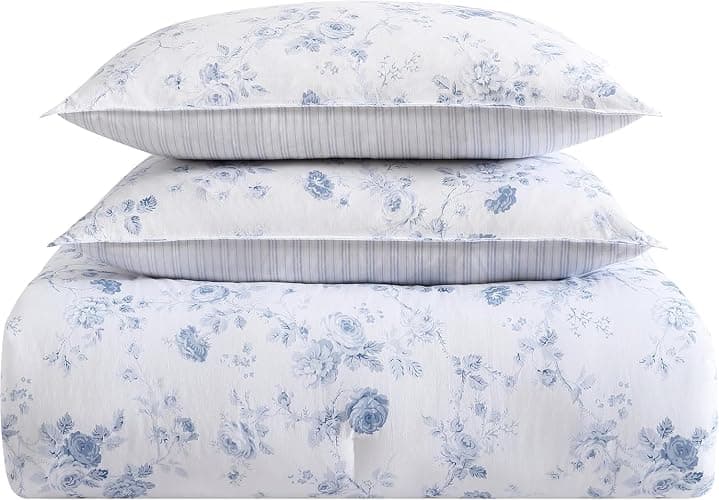 Laura Ashley - Queen Comforter Set, Soft Cotton Bedding with a Medium Weight for Year Round Use, Reversible 3 Piece Bed Set with Matching Pillowcases (Belinda Chambray Blue) thumbnail 4