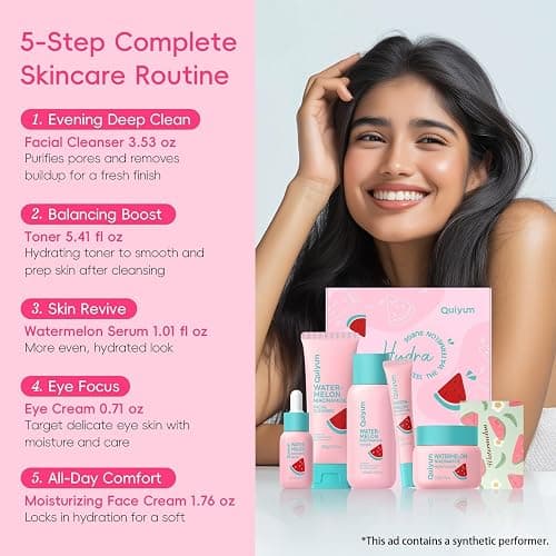 QUIYUM Watermelon & Niacinamide Skincare Set for Women Teens Girls, 5PCS | Gift Set with Cleanser, Toner, Eye Cream, Moisturizer, Serum, Glow Up Facial Routine for Beginner, for All Skin Types thumbnail 8
