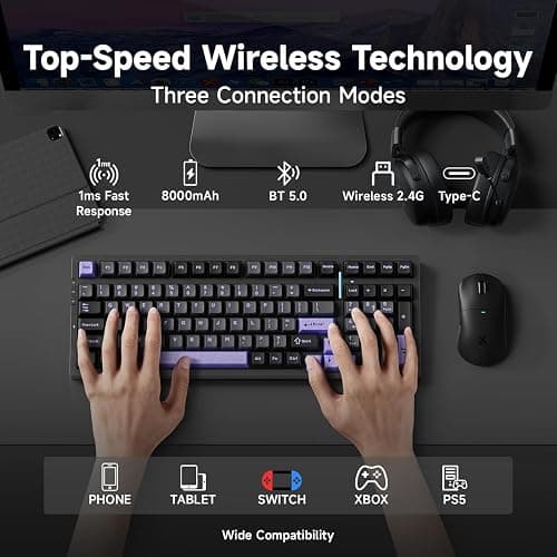 MCHOSE G98 PRO Wireless Mechanical Keyboard, Tri-Mode Connection Gaming Keyboard, Hot Swappable Custom Gasket Structure, Pre-lubed Linear Switches, Double Shot PBT Keycaps RGB LED Backlit Purple&Black thumbnail 3