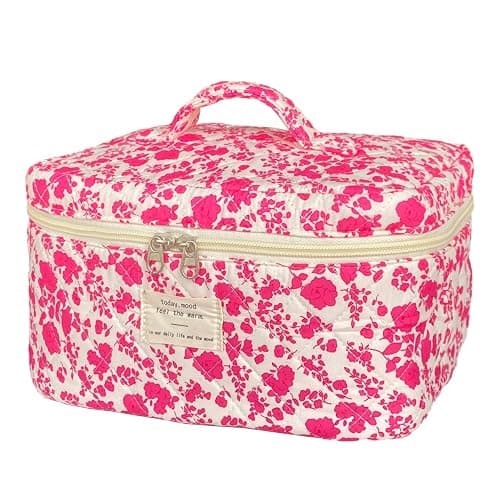 WYJ Rose Red Large Quilted Floral Makeup Bag Cute Soft Coquette Aesthetic Cosmetic Bag Cotton Travel Toiletry Bag for Women - Image 1