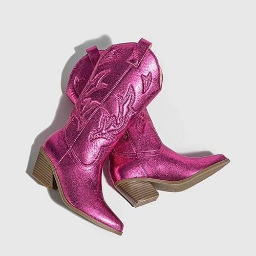 Women's Metallic Cowboy Boots, Embroidery Sparkly Chunky Heel, Western Wide Calf Shoes thumbnail 5