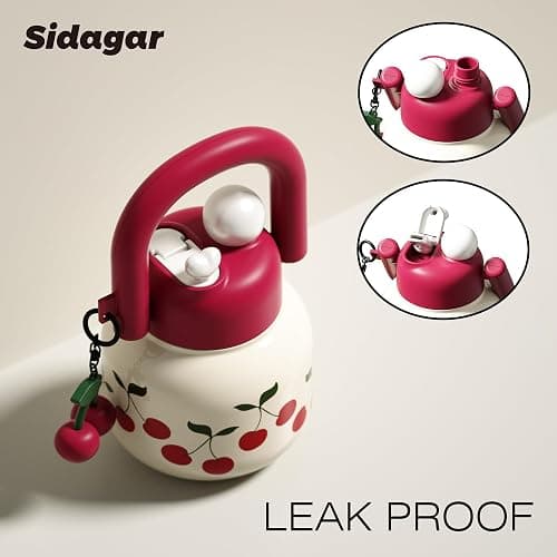 Sidagar 22 oz Tote Water Bottle with Straw and Carry Handle, Wide Mouth Vacuum Insulated Stainless Steel Tumbler, Travel Coffee Cup for Women Easy Carry, Cherry thumbnail 4