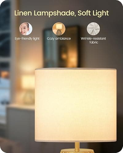 GOEBLESON Gold Table Lamp, Small Gold Bedside Lamp with Metal Base & White Linen Lampshade, Modern Nightstand Lamp, Little Cute Desk Lamp for Bedroom, Living Room, 2700K LED Bulb Included, DCW06TL05 thumbnail 5