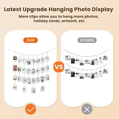 KLOGTSIND Hanging Photo Display with Clips Wall Decor, Boho Wooden Beads Garland Picture Banner, Collage Card Kids Art Holder Photo String with 28 Clips for Room Dorm Decor, Christmas Teen Girl Gifts thumbnail 4