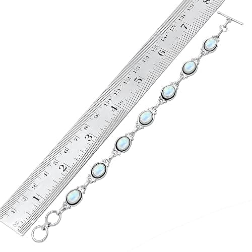 Natural Oval Gemstones Sterling Silver Plated Link Bracelet - Handmade Birthstone Vintage Style Adjustable Bracelets - Women's Jewelry Gift for Mom Wife Sister Grandmother thumbnail 2