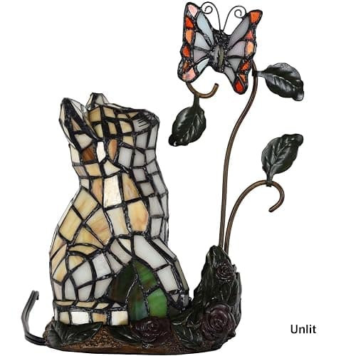 Bieye L10891 Tiffany-Style Stained Glass Cat Accent Table Lamp - Adorable Orange Cat Watching a Butterfly - 10-Inch Tall thumbnail 2