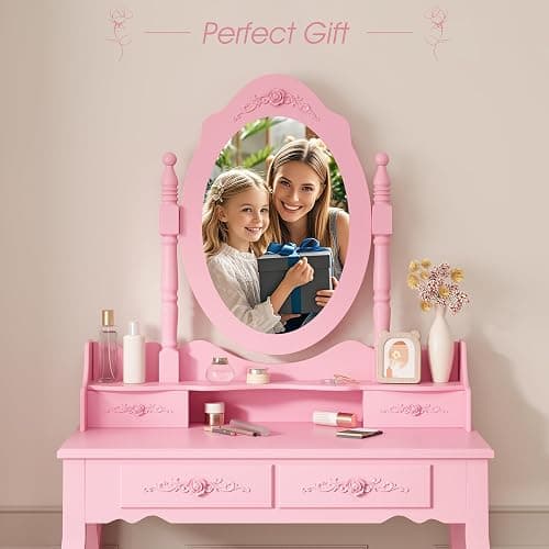 Alohappy Vanity Desk Set with Mirror & Stool for Girls, Makeup Vanity Table and Cushioned Stool Set with 4 Drawers, Wood Dressing Table for Bedroom (Pink) thumbnail 4