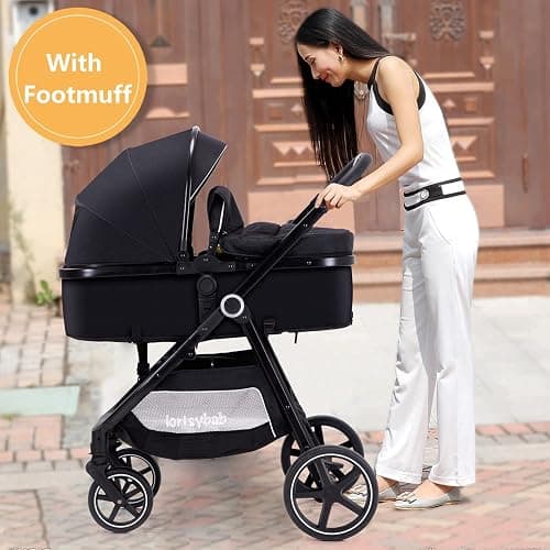 Lortsybab 2-in-1 Baby Stroller - Folding Infant Newborn Pram Stroller with Reversible Seat - Toddler Strollers for 0-36 Months Old Babies thumbnail 5