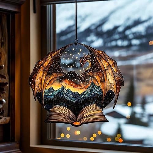 Dragon Wings Book Bookworm Acrylic Suncatcher Stained Glass Effect Window Car Hanging Christmas Ornament Indoor Outdoor Decor Garden Bookish Sun Catcher Book Lover for Mom Grandma Women - Image 1