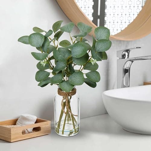 Briful Artificial Eucalyptus Stems in Glass Vase with Faux Water, 14" Fake Plant Eucalyptus Leaves for Home Bathroom Office Farmhouse Wedding Centerpiece Décor thumbnail 4