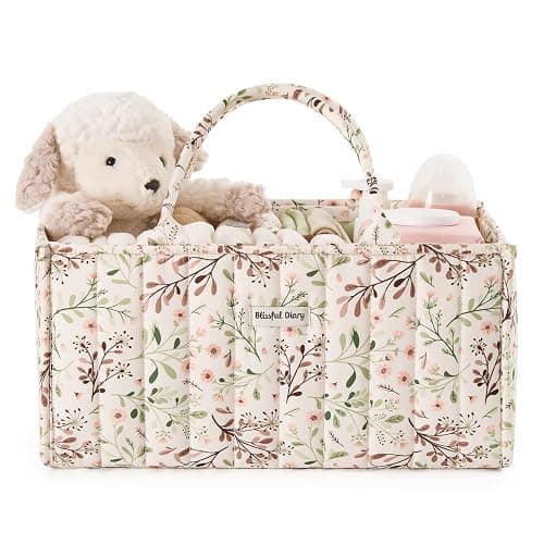 Blissful Diary Floral Diaper Caddy Organizer Storage Basket, Pastoral Daisy | Portable Storage Basket with Removable Dividers, Gift for Baby Shower, Newborn Boy & Girl Essentials, Baby Registry Must Have - Image 1