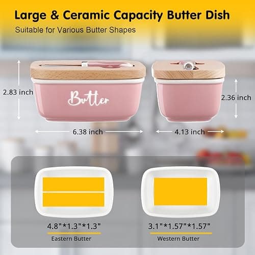 ALELION Pink Butter Dish with Lid and Knife for Countertop - Airtight Ceramic Butter Container with Thick Acacia Wood Lid for Counter - Pink Kitchen Decor and Accessories thumbnail 3