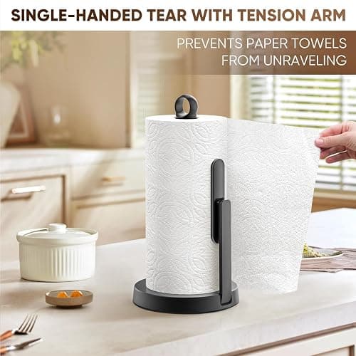 theaoo Heavy-Duty Stainless Steel Paper Towel Holder with Tension Arm – Easy One-Handed Tear, Modern Standing Countertop Dispenser for Kitchen, Holds All Paper Towel Rolls (1, Black) thumbnail 7