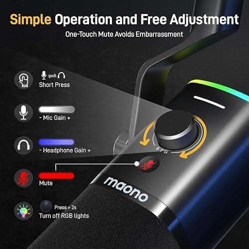 MAONO XLR/USB Gaming Microphone Kit: Dynamic PC Mic for Streaming Podcasting, Software Support, Mute Button, Gain Control, RGB Computer Mic with Boom Arm Stand, for Recording, PS4/PS5, PD100XS Black thumbnail 6