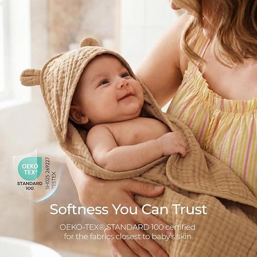 Momcozy 6-Layer Muslin Cotton Baby Towels with Hood, 32x32 Inch, Brown | 6-Layer 100% Cotton Muslin Hooded Baby Towel Set for Newborn, Infant & Toddler, Soft Absorbent Baby Bath Essentials thumbnail 3