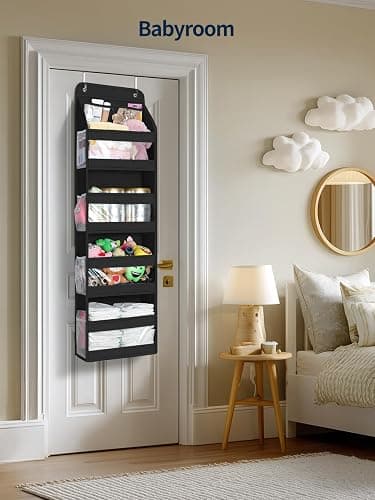 Yecaye 5 Tier 1Pc Over the Door Organizer, Swing-proof Door Organizer Hanging with Clear PVC Windows, Behind the Door Storage for Bedroom Nursery Closet Laundry Pantry Bathroom, Black thumbnail 2