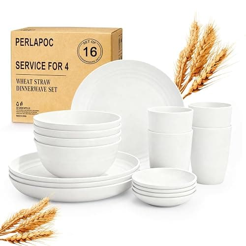 Perlapoc Wheat Straw Plates and Bowls Sets of 16，Unbreakable Dinnerware Sets for 4, Microwave & Dishwasher Safe Kids Dish Set for Kitchen, Outdoor, Camping, Party, RV- White - Image 1