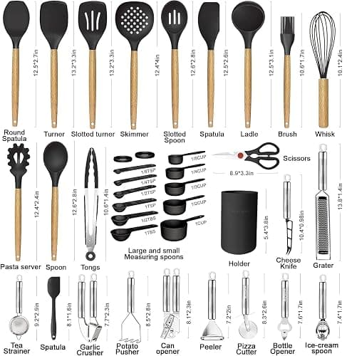 Cooking Utensils Set- 35 PCs Kitchen Utensils with Grater,Tongs, Spoon Spatula &Turner Made of Heat Resistant Food Grade Silicone and Wooden Handles Kitchen Gadgets Tools Set for Nonstick Cookware thumbnail 3