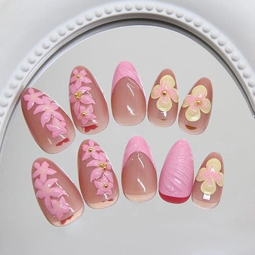 Tyuimhx 3D Flowers Press on Nails Short Almond Fake Nail with 3D Stripe Designs Pink Yellow French Tip False Nails Summer Full Cover Stick on Nail Acrylic Artificial Glue on Nail for Women 24 Pcs thumbnail 3