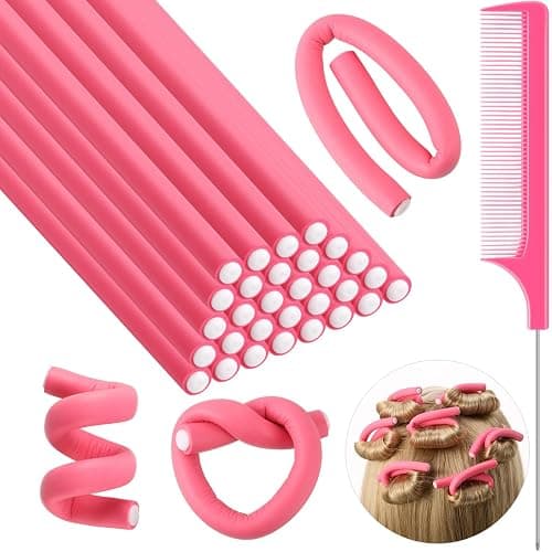 Syhood 30 Pieces Flexible Curling Rods Twist Hair Rollers Soft Foam Rods No Heat and 1 Pcs Steel Rat Tail Comb for Women Long and Short Hair(7 x 0.3 Inch,Pink) - Image 1