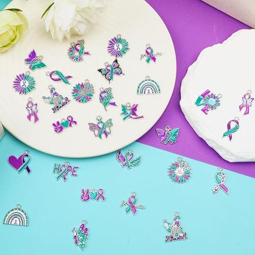 MARFOREVER 40 Pcs/20 Pairs Suicide Awareness Charms, Suicide Prevention Charms Teal Purple Ribbon Pendant for Bracelet Necklace Earrings Making Accessories thumbnail 3