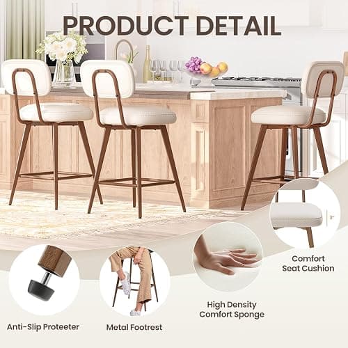 MALOL 26“ Swivel Bar Stools Set of 4, Mid Century PU Leather Counter Height Bar Chairs with Low Back and Metal Legs, Modern Bar Stool Chair for Kitchen Island, Beige thumbnail 5