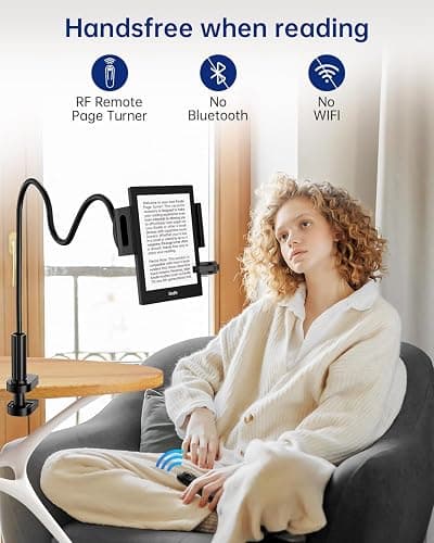 Kindle Holder with Remote Page Turner, Kindle Stand for Bed Reading, No Text Blocked 6mm Clip, No Margin Adjustments, Whisper-Quiet Page Turns, Fits 4.7-10" Devices (Paperwhite/Oasis, iPad/iPhone) thumbnail 7