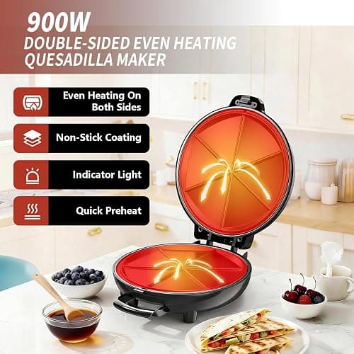 Electric Quesadilla Maker, 9.5'' Quesadilla Press with Easy Slice 6 Wedge, Non Stick Surface, Locking Latch For Extra Stuffing, Grilled Cheese Corn Flour Tortilla Snacks thumbnail 3