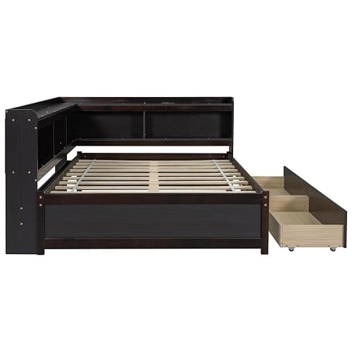 SEHAONOHOME Full Size Wood Daybed with Two Drawers and Storage Bookcases, Multifunctional Sofa Bed with Power Outlets and USB Charging Ports, Espresso - Espresso With Drawer - Full thumbnail 4