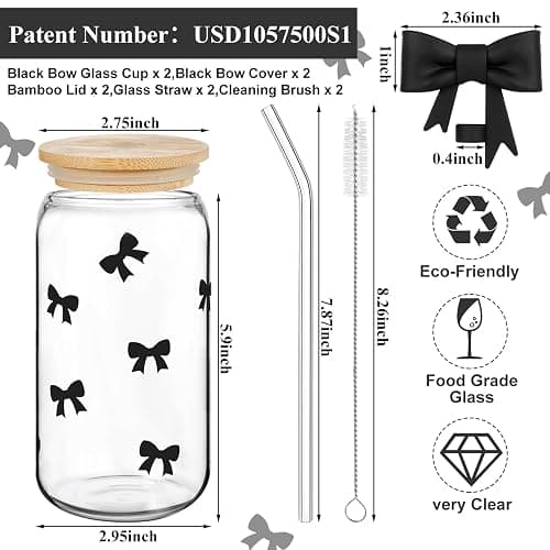 Skylety Set of 2 Coquette Black Bow Glass Cup 16oz Glass Cup with Lids and Straws Reusable Silicone Straw Toppers Lids Protectors 2 Brush for Drinking Coffee Tea Cocktail(Bow) thumbnail 3
