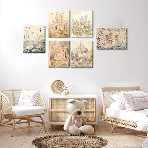 Vintage Fairy Nursery Wall Art Baby Girl Room Canvas Wall Decor Magic Forest Poster Fantasy Fairytale Prints Nursery Antique Magical Picture Flower Painting for Bedroom 8x10 Inch Ready to Hang 6Pcs thumbnail 5