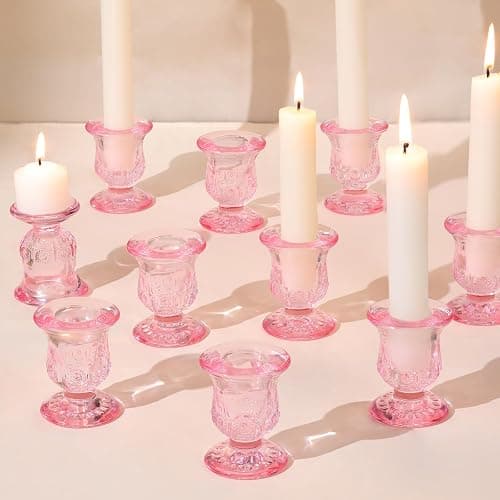 sunnyfuture 10pcs Pink Candlestick Holders, Glass Taper Candle Holders for Table Centerpiece Decor, Wedding, Birthday, Gift - Image 1