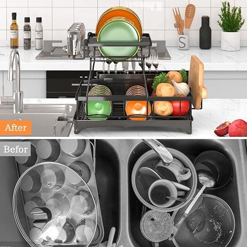 Godboat Dish Drying Rack, 2-Tier Dish Racks for Kitchen Counter, Dish Rack with Drainboard & Mat, Dish Drainer with Knife, Fork & Cup Rack, Gifts for Women, Mothers Day, Cool Stuff & Kitchen Gadgets - X-Large thumbnail 3