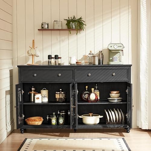 Joaxswe Farmhouse Sideboard Buffet Cabinet with Storage,59" Large Credenza with 4 Glass Doors & 2 Drawers,Adjustable Shelves Console Table,Wood Kitchen Coffee Bar for Dining Room,Living Room,Black thumbnail 9