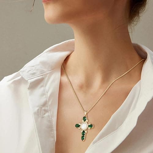 HZMAN Gold Cross Necklace for Women 18K Gold Plated Necklace Dainty Virgin Mary Cubic Zirconia Necklace Pendant Jewelry Gift thumbnail 2
