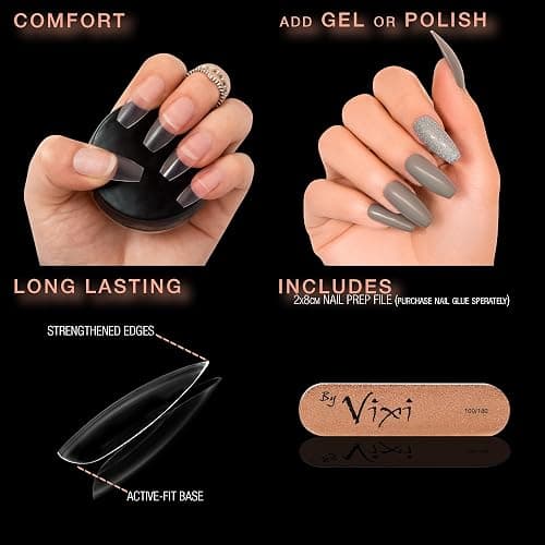 By Vixi 500 LONG COFFIN/BALLERINA NAIL SET with PREP FILE, 10 Sizes - Clear Express Full Cover False Fingernail Extensions for Salon Professionals & Home Use thumbnail 2