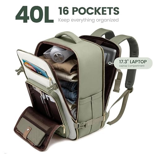 LOVEVOOK Travel Backpack For Women,40L Carry On Backpack Flight Approved,TSA Personal Item Travel Bag Fits 17 Inch Laptop,Business Weekender Overnight Daypack with Back Pad and Chest Buckle,Cubes - Green and White - 17.3 Inch-40L-4Pcs thumbnail 3