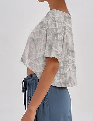 MSBESYOR Women Camo Off The Shoulder Shirt Top Short Sleeve Boat Neck Athletic Workout Crop Tees Oversized T Shirts Summer thumbnail 3