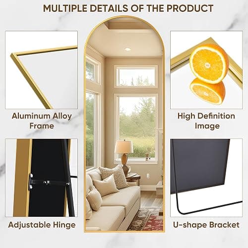 Suidia Arched Full Length Mirror, 59"x19" Floor Mirror Freestanding, Floor Standing Full Body Mirror with Stand for Bedroom, Hanging Mounted for Living Room Cloakroom, Gold thumbnail 5