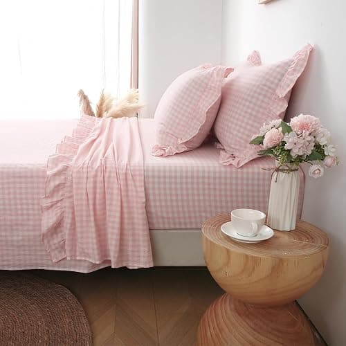 K MASANIJI 2 Pack Blush White Plaid Ruffle Gingham Pillow Shams Standard Size, 100% Washed Cotton Checkered Farmhouse Pillowcases for Bed/Sofa - 20''x26'' thumbnail 7