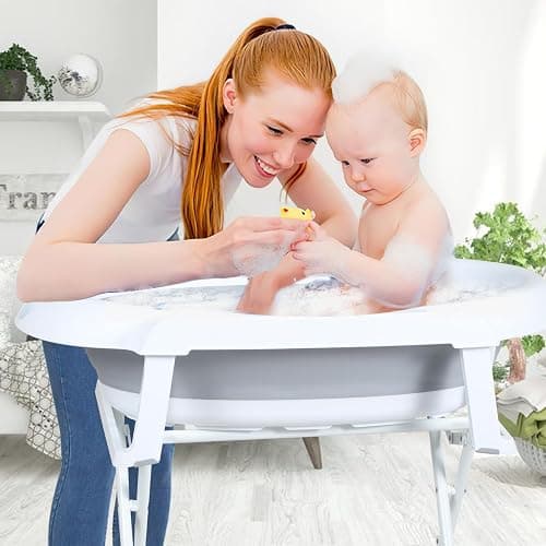 Ansobea - Vasca da bagno pieghevole con supporto antiscivolo, tappetino da bagno e inserto per vasca da bagno per neonati e bambini, Grigio thumbnail 2