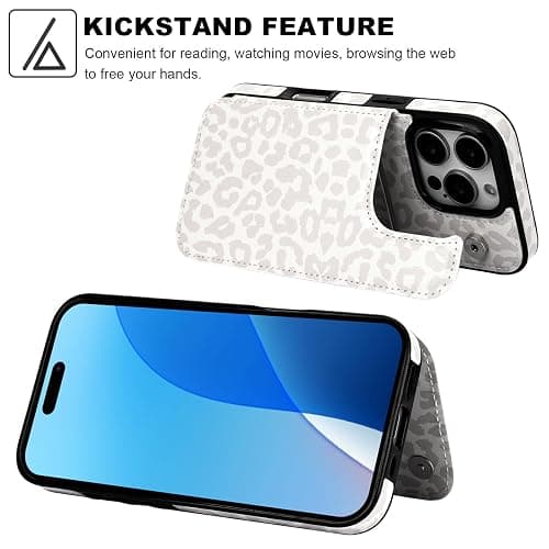 HAOPINSH Wallet Case with Card Holder for iPhone 16 Pro,White Leopard | Back Flip Folio Kickstand ,PU Leather Card Slots Case Wallet for Women Men Girls, Double Magnetic Clasp Shockproof Cover 6.3" thumbnail 5