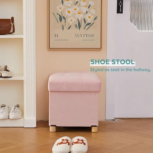 BRIAN & DANY 15" Small Ottoman with Storage Cube, Square Storage Ottoman Foot Stool with Wood Legs, Velvet Ottomans for Living Room, Bedroom, Dorm, Pink thumbnail 7