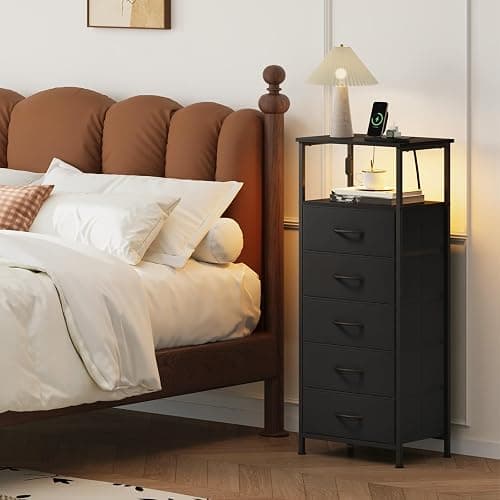 Somdot Black Nightstand with Charging Station and LED Light for Bedroom, Tall 5 Drawers Dresser with Fabric Bins for Bedside Kids Dorm Room Closet Laundry Entryway, Black thumbnail 2