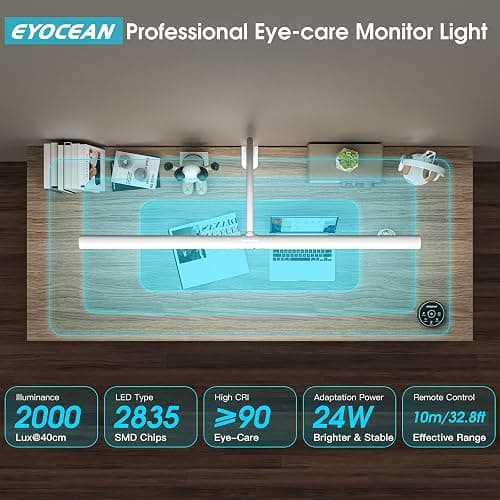 EYOCEAN Schreibtischlampe LED mit Gestensteuerung & Fernbedienung, 24W 80CM Klemmbare Schreibtischlampen, Dimmbare Einstellbare Farbtemperaturen Monitor Lampe, Tageslichtlampe für Heimbüro, Weiß thumbnail 8