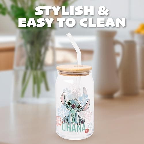 Silver Buffalo Disney Lilo and Stitch Ohana Floral Glass Jar Tumbler with Bamboo Lid and Glass Straw, 16 Ounces thumbnail 8