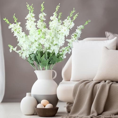 Thiccywoov 24 Pcs Delphinium Artificial Flower 35.4'' Long Larkspur Stem Silk Fake Faux Flowers Bulk for Tall Vase Floral Arrangements Home Centerpiece Table Wedding Decor (White) thumbnail 5