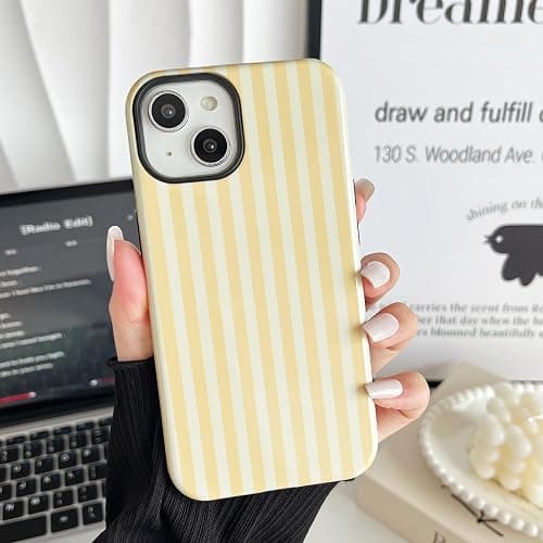CHEDEMK Compatible with iPhone 13/14 Case, Cute Fashion Aesthetic Striped Pattern Cover for Women, Shockproof Soft TPU and Hard PC Protective Phone Case for iPhone 13/14 6.1"- Yellow thumbnail 4