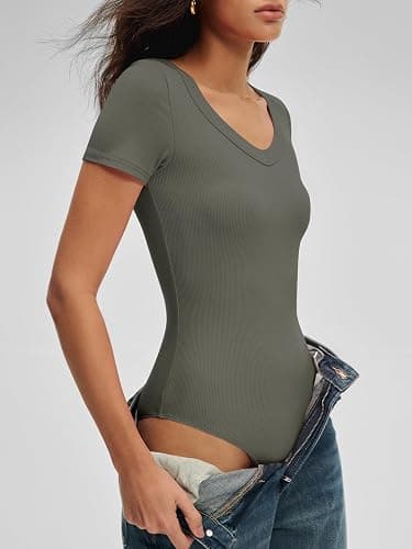ANRABESS Bodysuits for Women V Neck Short Sleeve Body Suit Tops Slim Fit Ribbed Knit Soft Basic T-Shirts 2026 Summer Outfits thumbnail 5